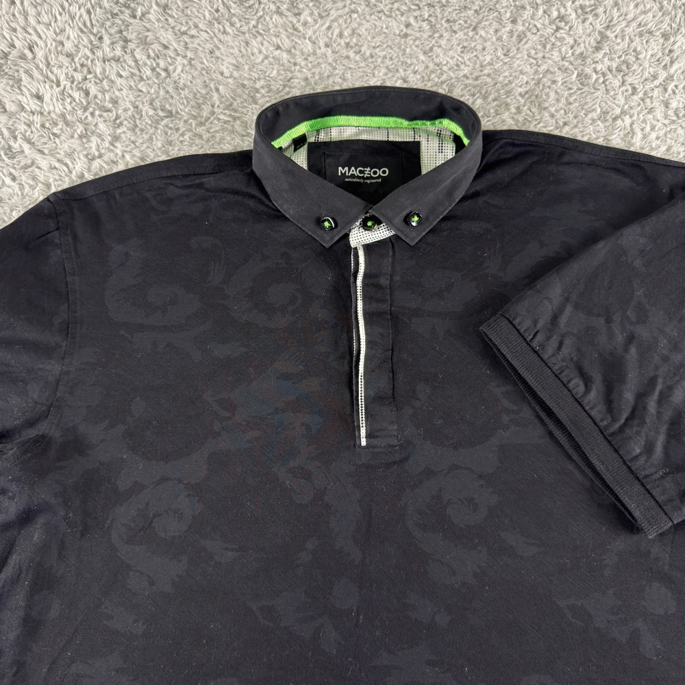 Maceoo Mens Black Damask Jacquard Polo Shirt Lime Green Accents Size 3 M Medium